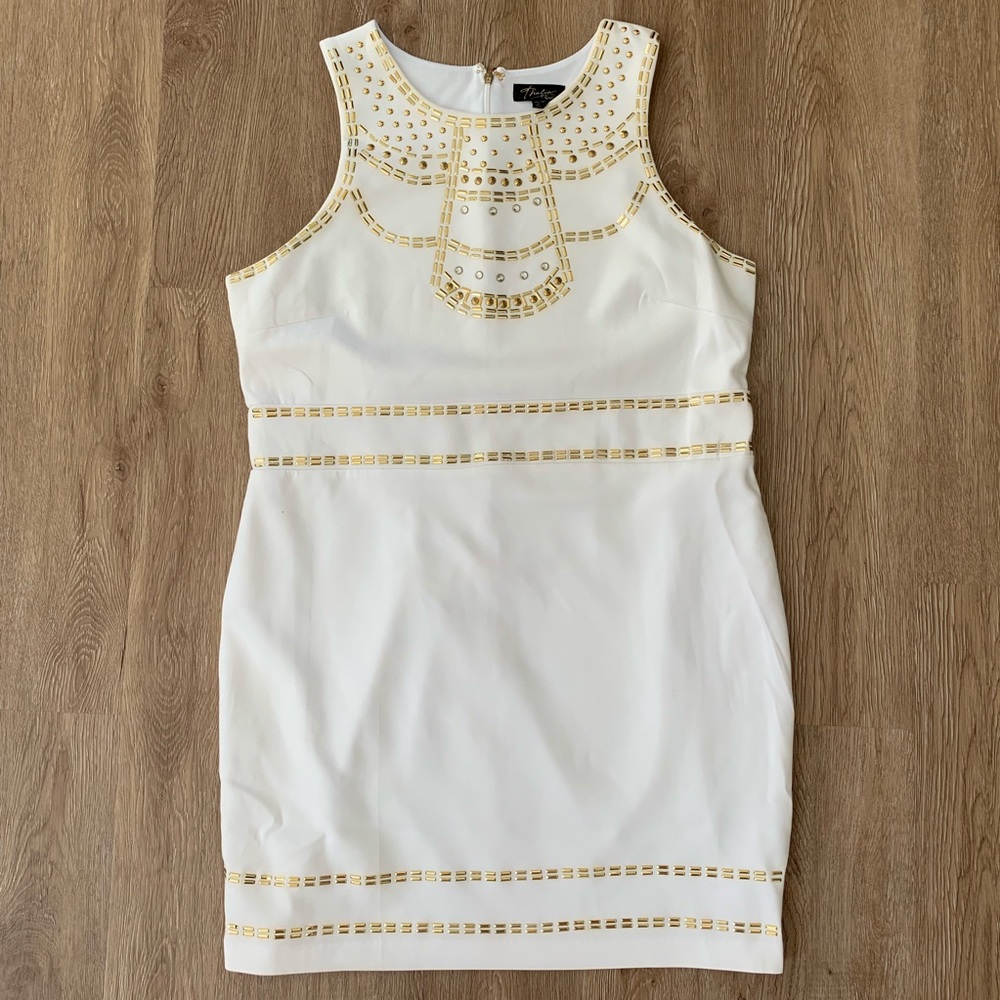 Thalia Sodi XL white mini dress gold rhinestone